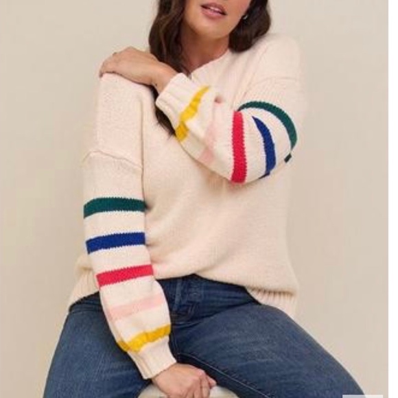 torrid Sweaters - NWT Torrid Intarsia Sweater Long Balloon Sleeve Rainbow Stripe Crew Neck Cream